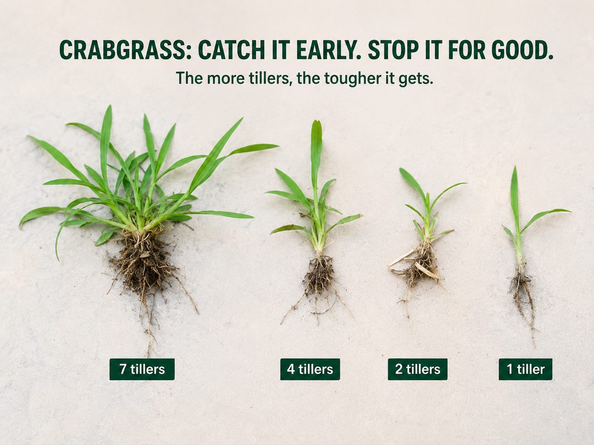 Crabgrass tiller progression — catch it early for Minnesota lawns