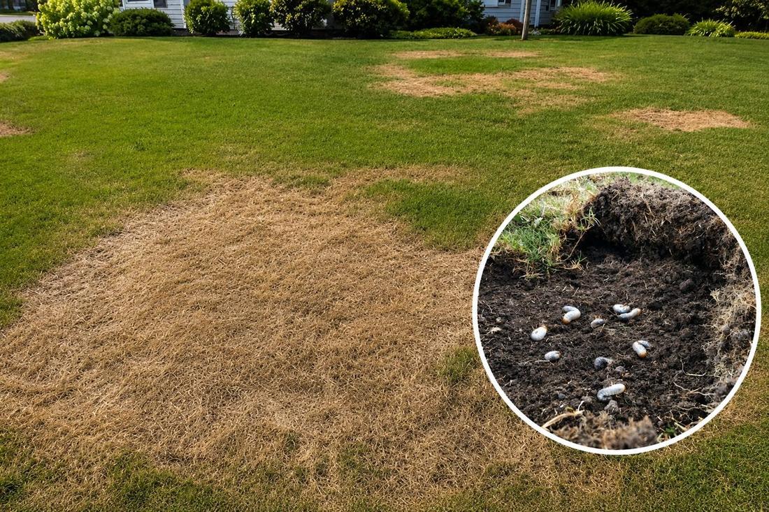 Grub damage dead patches in Minnesota lawn