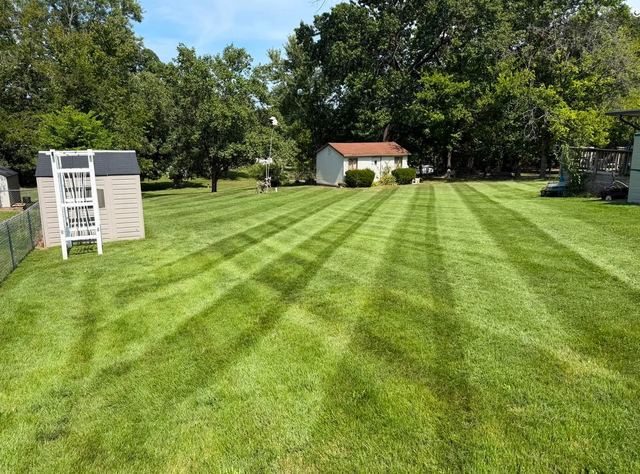 Diagonal striped lawn mowing pattern in a Minnesota backyard