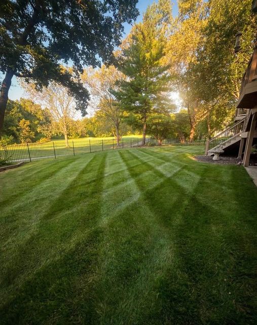 Sunset lawn mowing with fresh stripes in a Minnesota backyard